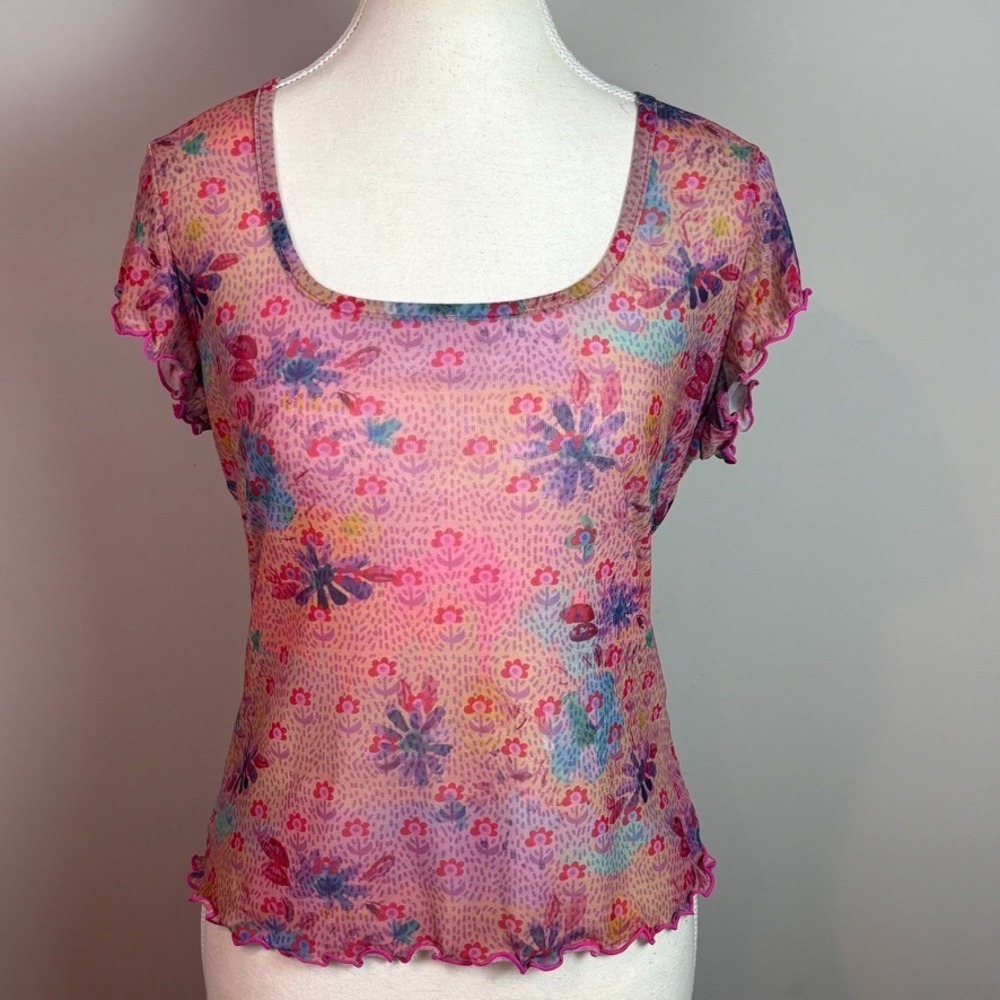 natural life womens semi-sheer mesh short sleeve pink floral ruffle trim tee LG